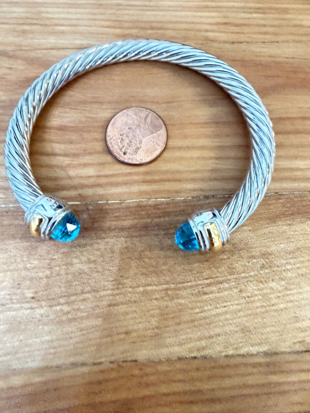 David Yurman 7mm Cable Classic Cuff Bracelet Sterling Silver 14K Gold Blue Topaz - Picture 3 of 6